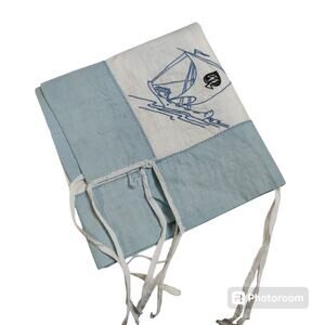 Vintage Card Table Tablecloth Corner Ties Embroidered Sailboats White Blue